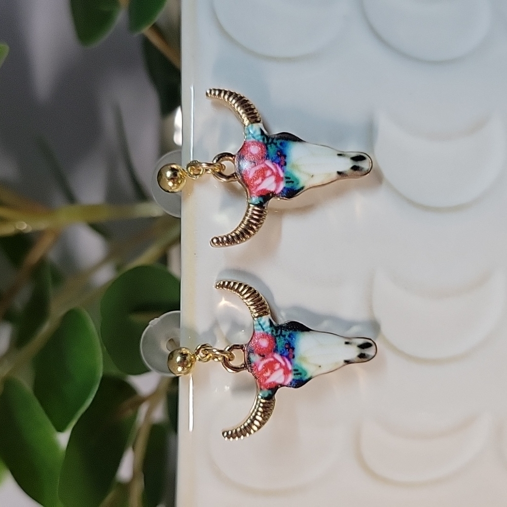 Floral Longhorn Drop Earrings - Picture 2 of 6